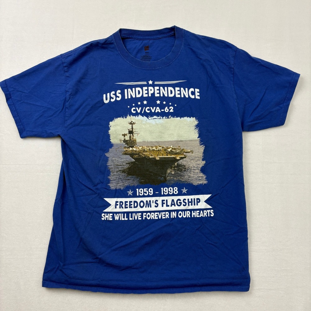 Hanes USS Independence CV/CVA-62 Navy Aircraft Carrier Blue Graphic T-Shirt L